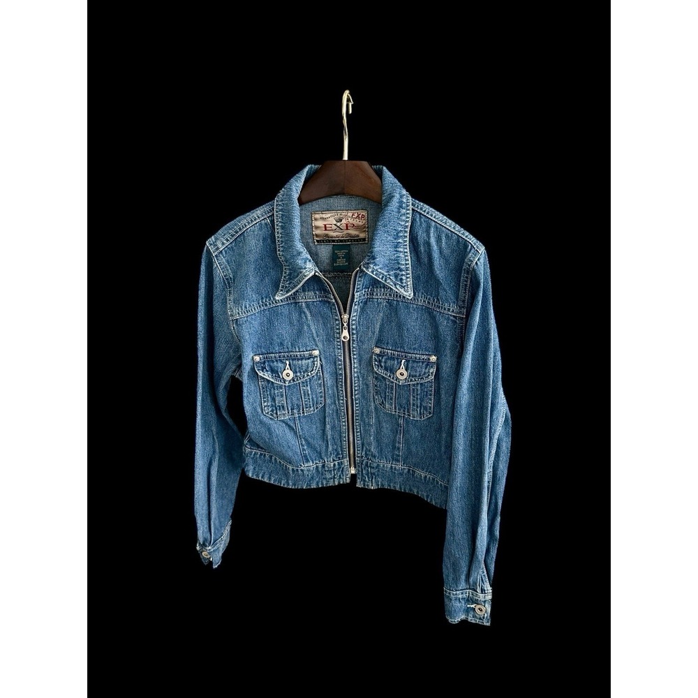 VTG Express Jacket Womens Small Blue Denim Jean Zip Collared 90s Short Collared